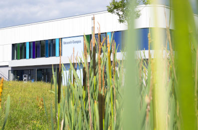 Gebäude auf dem Umwelt-Campus Birkenfeld mit Schilf im Vordergrund