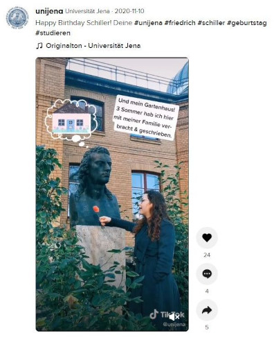 Screenshot eines TikTok-Videos mit Schiller-Statue der Universität Jena