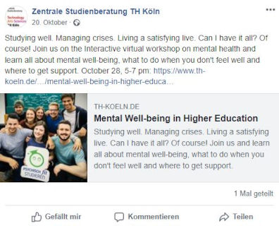 Facebook-Post der Technischen Hochschule Köln zum Online-Forum "Psychisch fit studieren"
