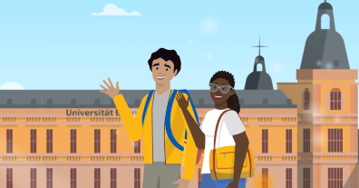 Animiertes Bild von zwei internationalen Studierenden vor dem Hauptgebäude der Universität Bonn